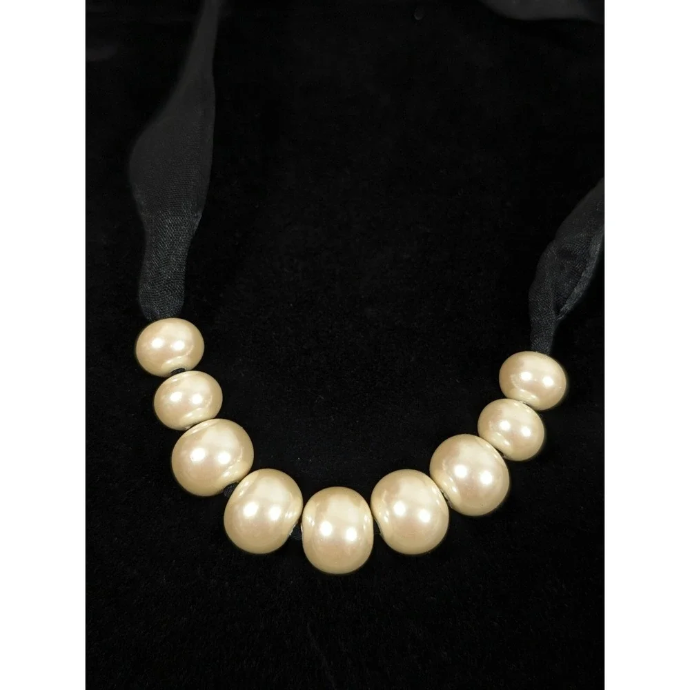 Retro Black Ribbon Choker Necklace Faux Pearl Charms 17‎ in